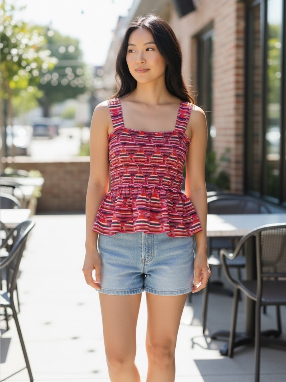LOFT Smocked Peplum Tank Top Pink Multicolor Striped 100% Cotton Cottagecore M